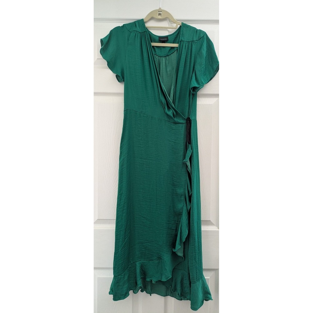 Who What Wear Green Ruffle Wrap Tie Mid Length Flutter Sleeve Dress MED